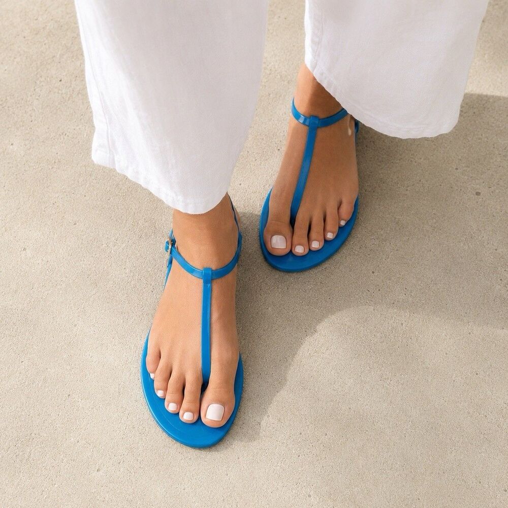 TKEES x J.Crew Blue Jelly Sandals Womens 9 Resort Beach Thong Flats